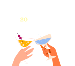 Two hands clinking cocktail glasses in a toast, one orange drink and one blue drink, with a pale '20' in the corner.
