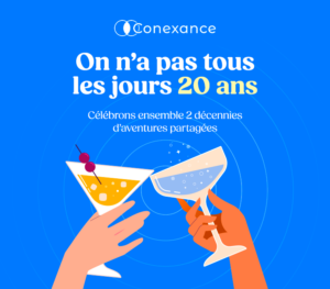 Two hands clink cocktails on a blue background, with the Conexance logo and French celebration text about 20 years.